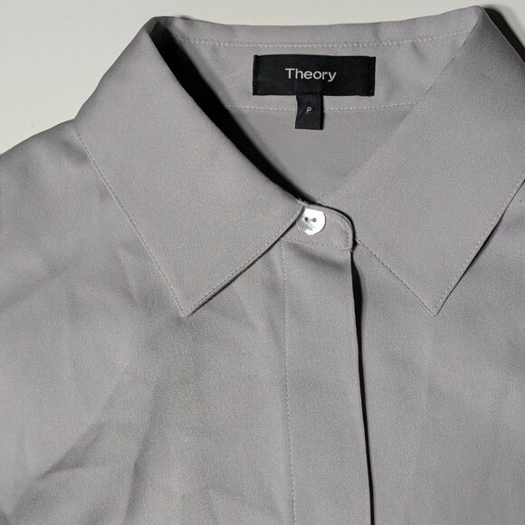 THEORY Gray Classic Fitted Button Up Shirt in Silk Georgette Sz P (XS) $245 - Picture 4 of 8